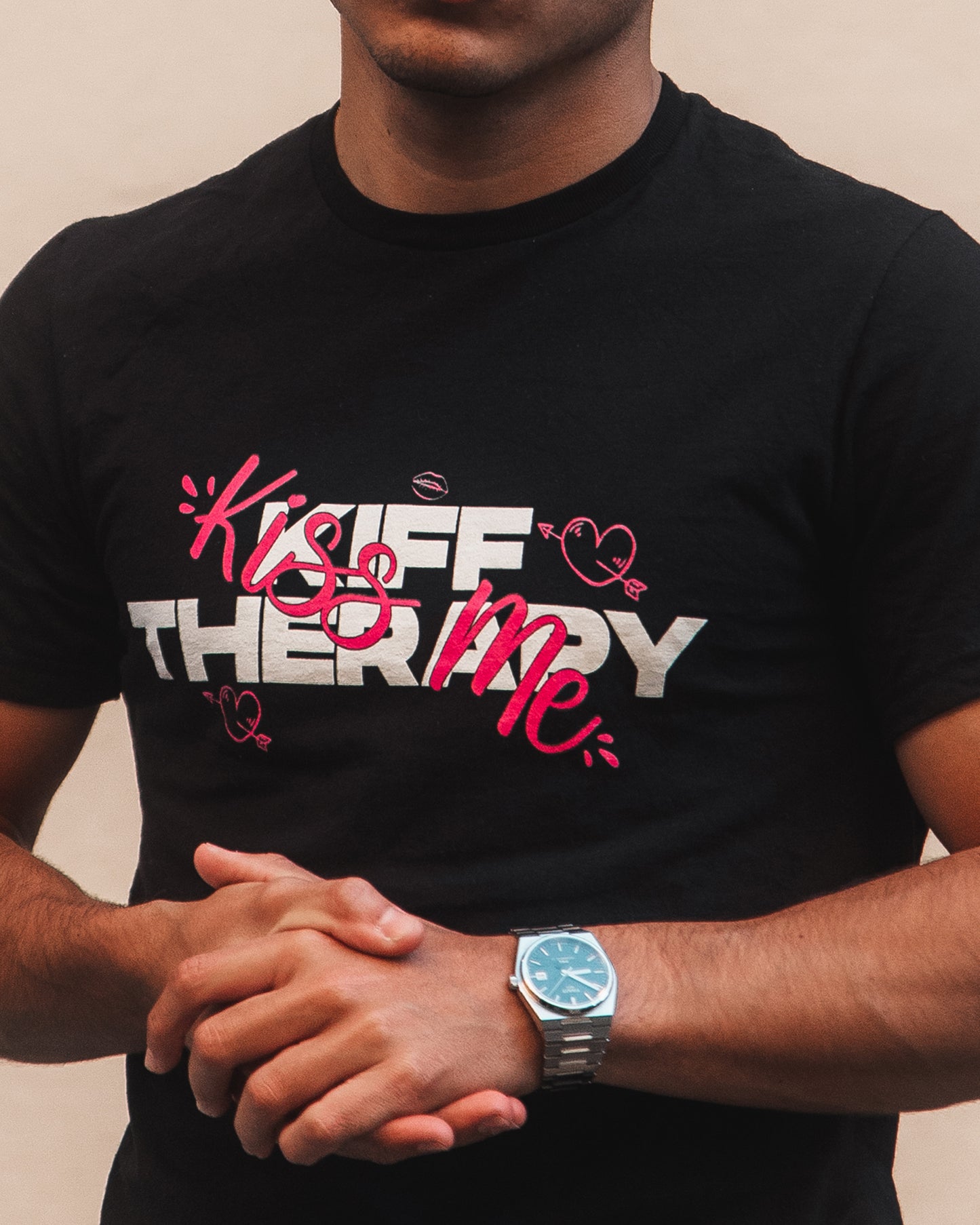 T-shirt à manches courtes tendance Noir & Rose